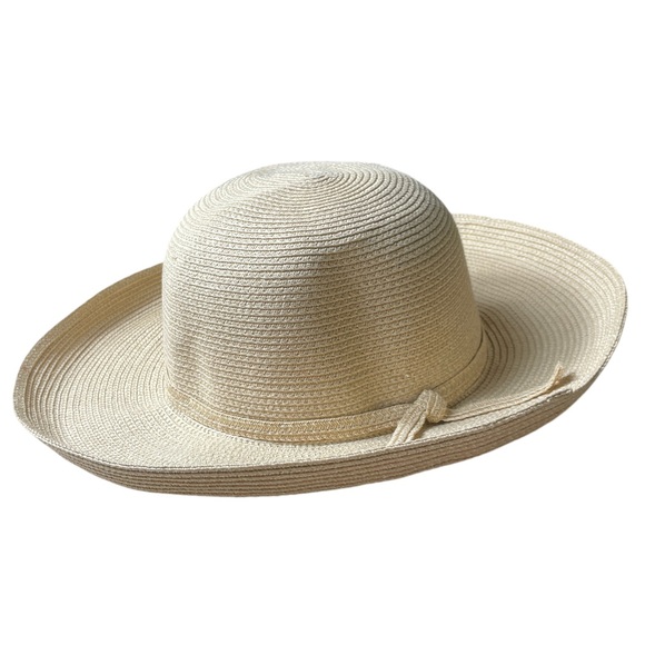 Talbots Straw Sun Hat Wide Upturned Brim Tan Natural Beige Ribbon Headband - Picture 3 of 6